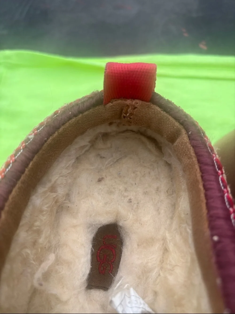 UGG Brown Suede Mule Slippers with Burgundy Trim - Picture 10 of 13
